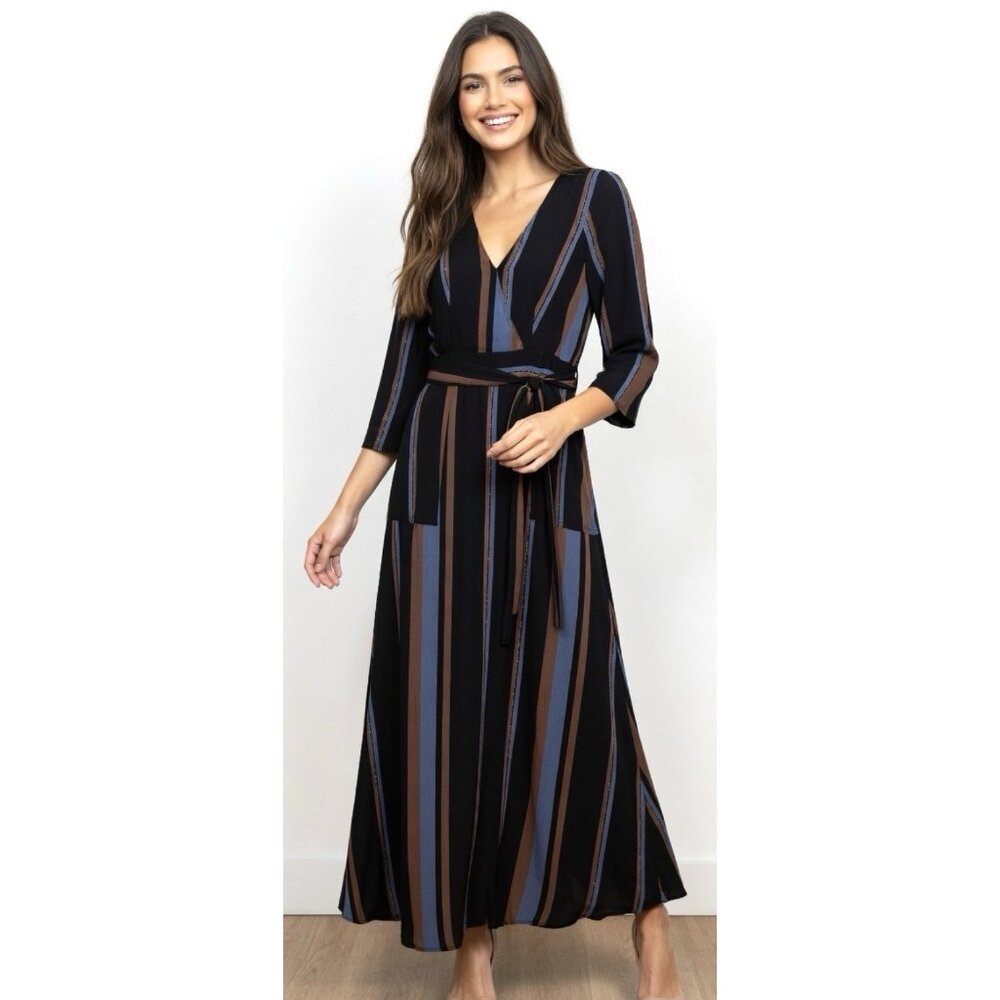 ZARA Black Blue Brown Striped V-Neck 3/4 Sleeve Maxi Midi Dress